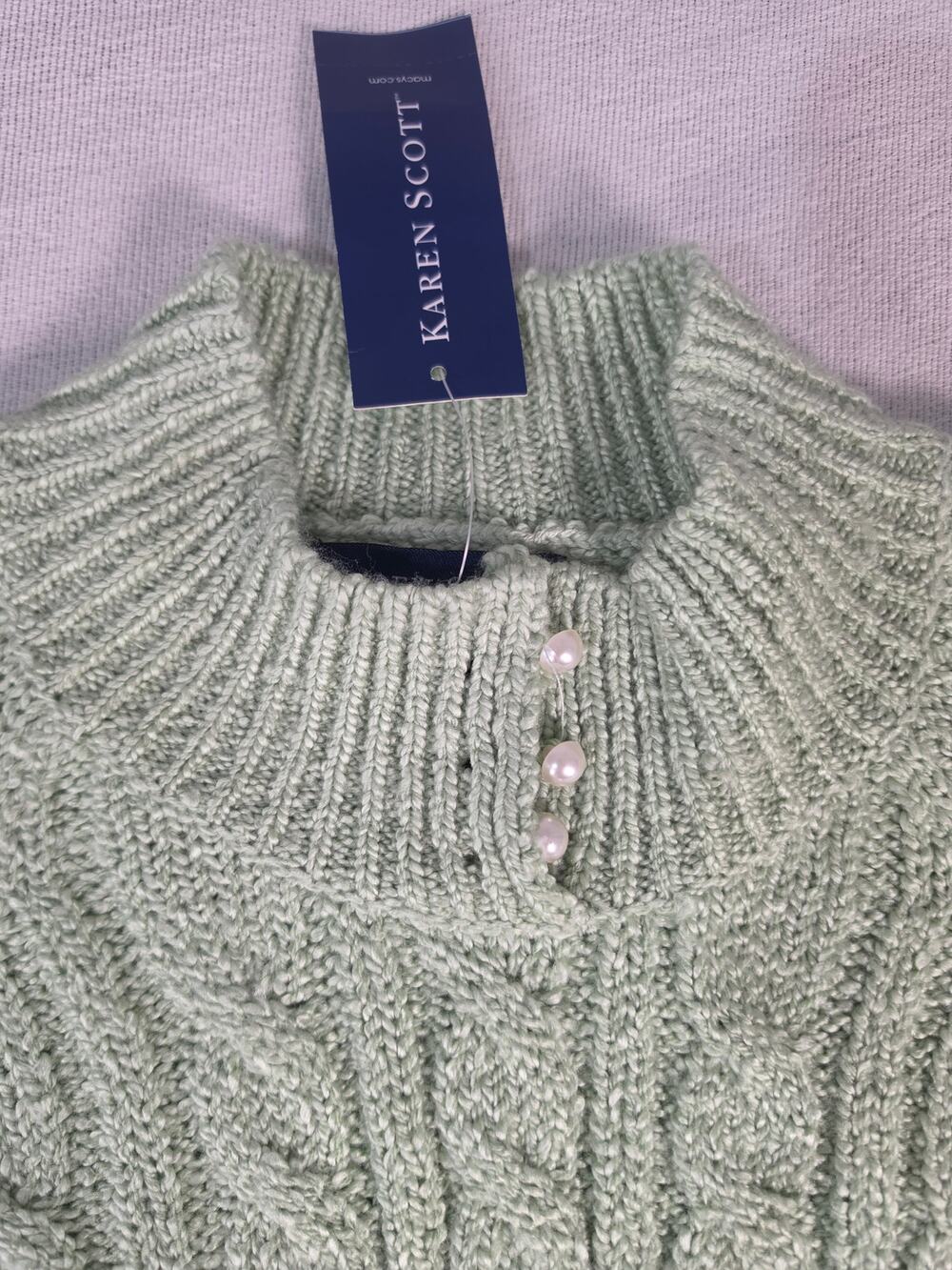Karen Scott Mock Neck Cable Sweater Sage Green NWT L